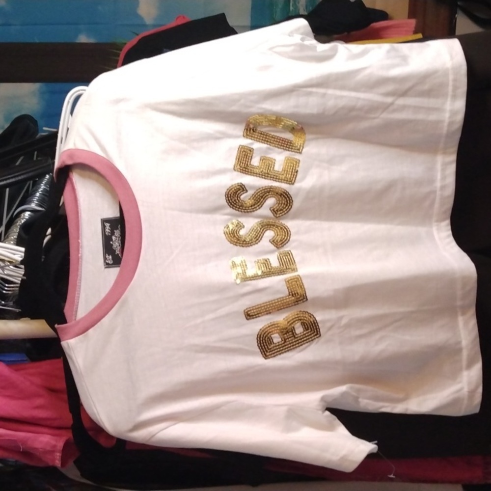 Dazl women's white pink Blessed crop Tshirt Sz XL new